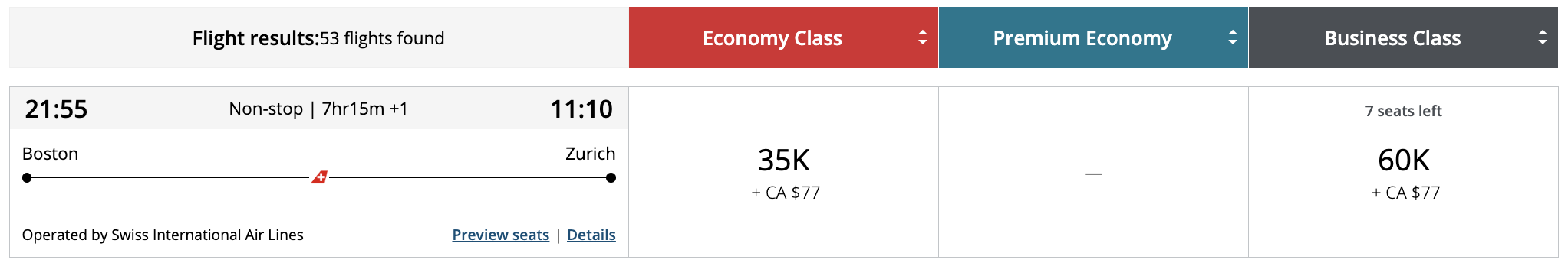 Flight award result - BOS to ZRH bookable with Aeroplan points.