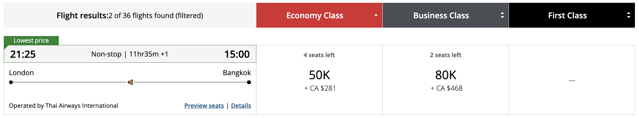 Flight award result - LHR to BKK bookable with Aeroplan points.