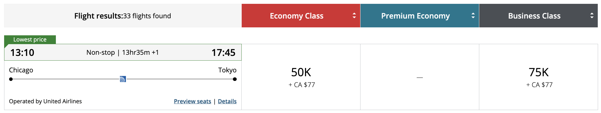Flight award result - ORD to TYO bookable with Aeroplan points.