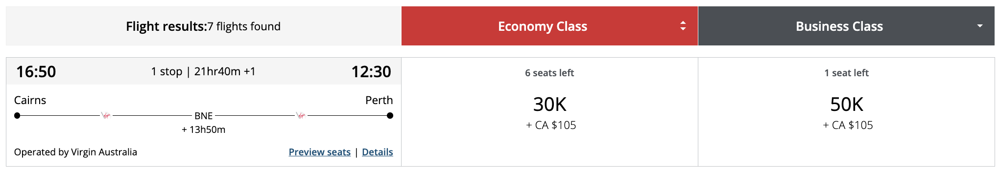 Flight award result - Cairns to Perth bookable with Aeroplan points.
