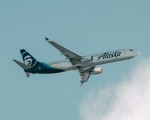 Alaska Airlines 737 about to fly through a cloud.