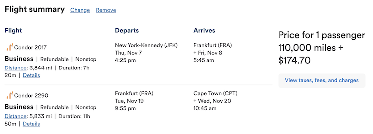 Alaska Mileage Plan award JFK-FRA-CPT with Condor adding stopover