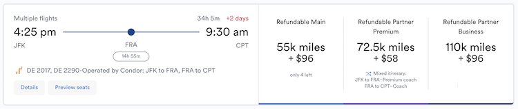 Alaska Mileage Plan award JFK-FRA-CPT with Condor