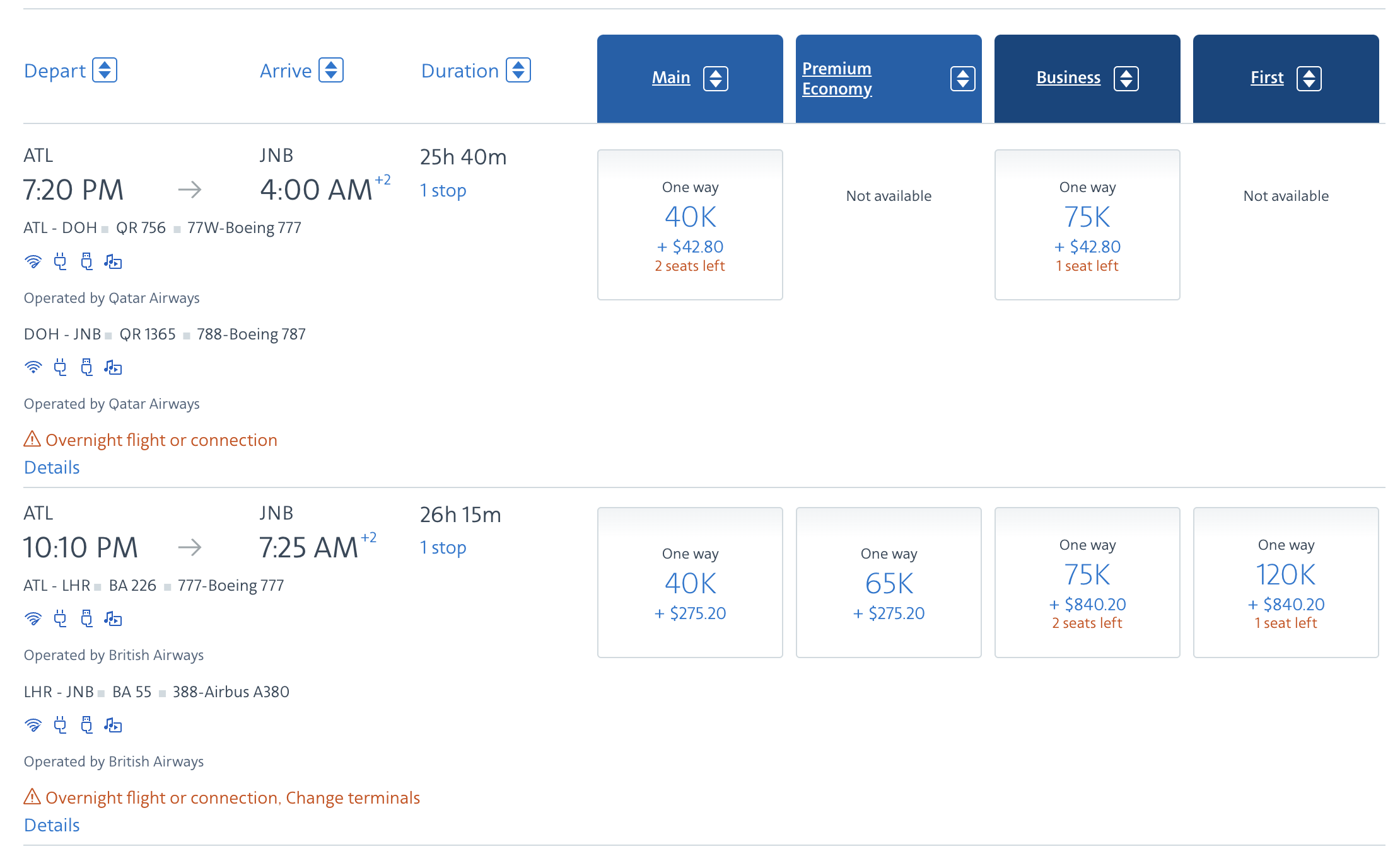 Qatar and British Airways awards from ATL to JNB