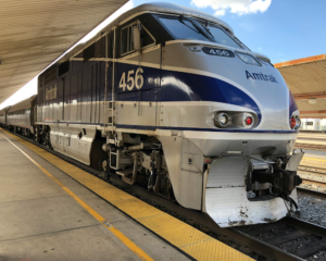 close-up of an Amtrak train engine at a train station
