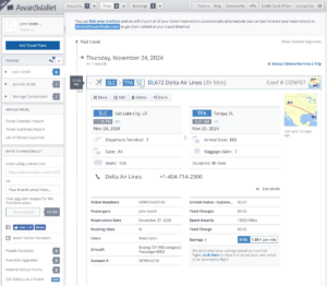 Screenshot showing AwardWallet reservation details for a sample trip