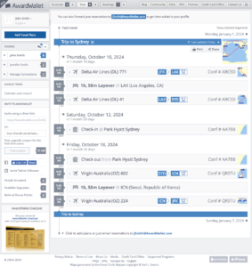 Screenshot of example AwardWallet travel timeline showing a trip to Sydney, Australia