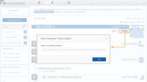 Screenshot showing process to share an AwardWallet trip