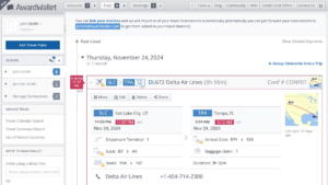 Screenshot showing AwardWallet reservation details for a sample trip after changes were made to the flight