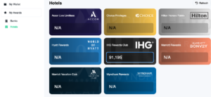 Awayz hotel screen where users can enter the amount of loyalty points they have across eight different brands