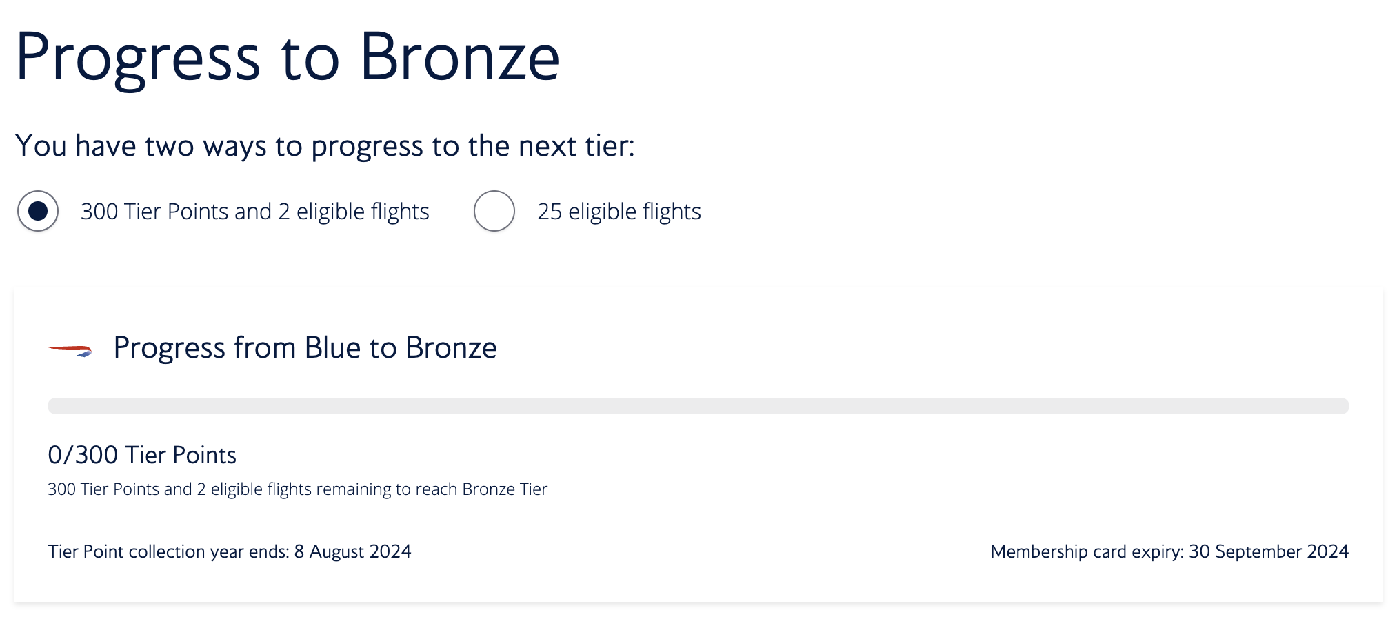 BA progress to Bronze showing expiry dates.