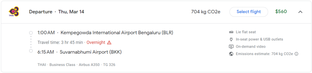 Paid fare from BLR to BKK to show business class seat on THAI.