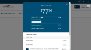 Screenshot of Capital One Travel website showing $77.56 in travel credits in account
