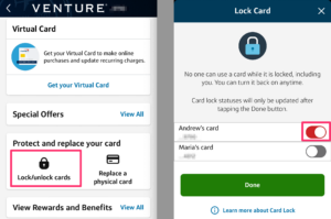 Screenshot showing both mobile app images put together of Capital One card-lock feature.