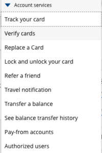 Chase Authorized User choice found on the drop down account services menu