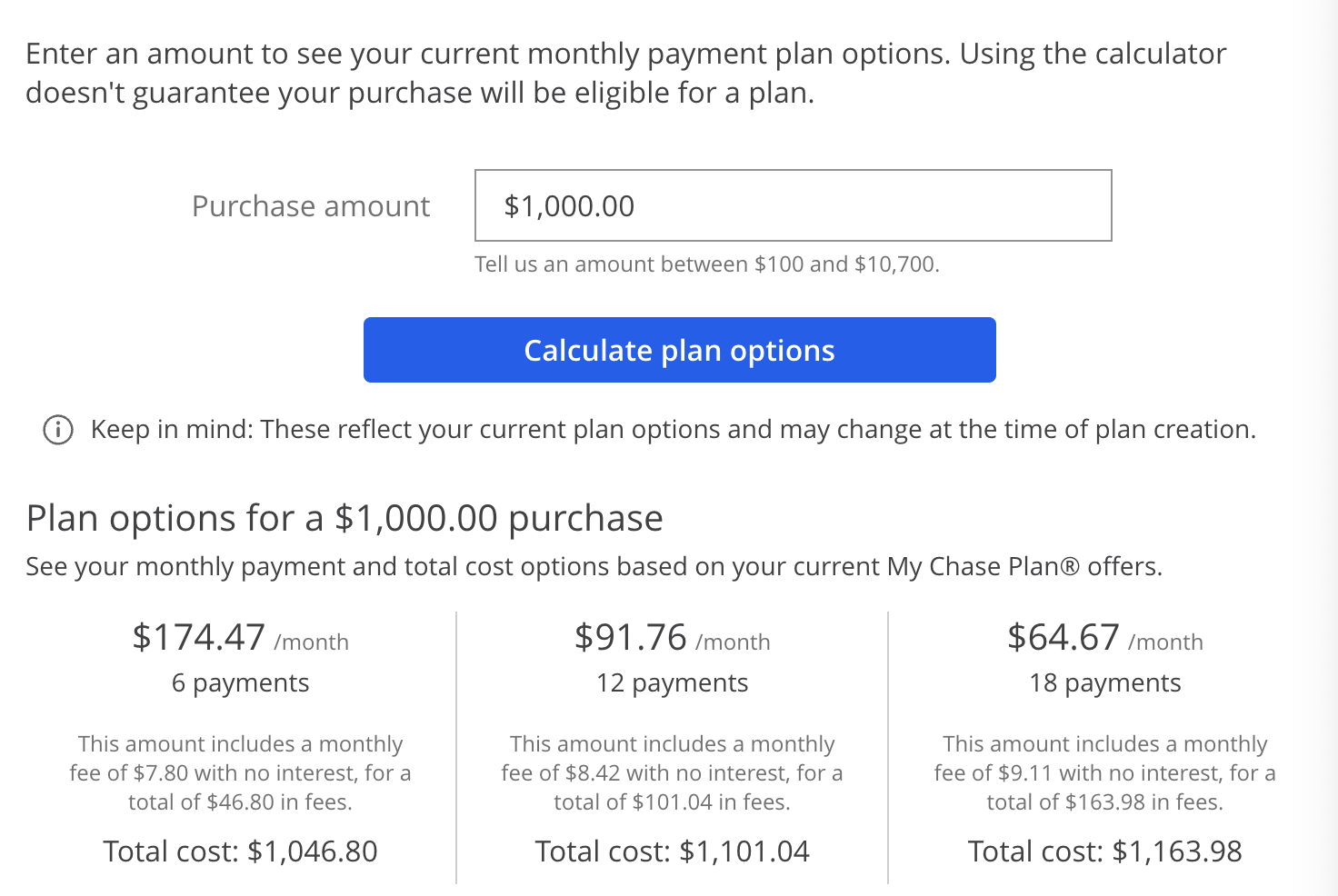 Chase Pay Over Time Plan Estimator