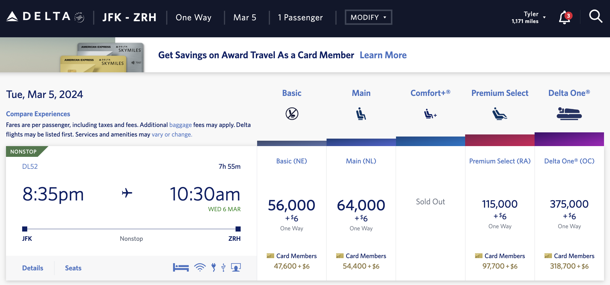JFK to ZRH Delta Award with 15% discount applied