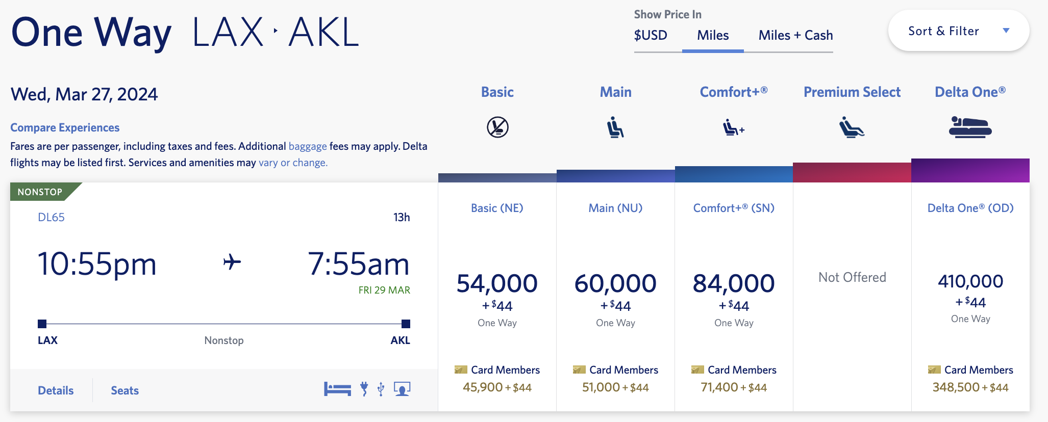 LAX to AKL Delta award reflecting TakeOff 15 benefit