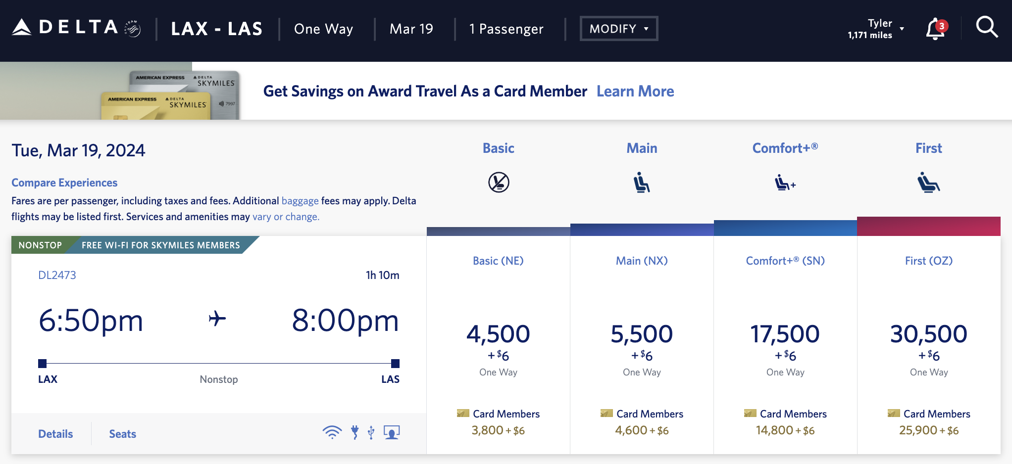 LAX to LAS Delta award for 3,800 miles with the TakeOff 15 benefit applied