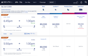Screenshot of Delta SkyMiles award example from New York to Tallinn from 80,000 SkyMiles one-way