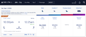 Screenshot of Delta SkyMiles award example from New York to Tallinn