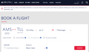 Screenshot of Delta SkyMiles website showing no flights available from Amsterdam to Tallinn