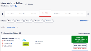 Flying Blue award on Air Baltic from New York to Tallinn for 44,500 miles in economy