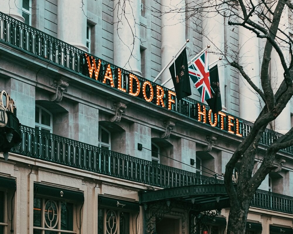 The Waldorf Hilton, London - illuminated entrance.