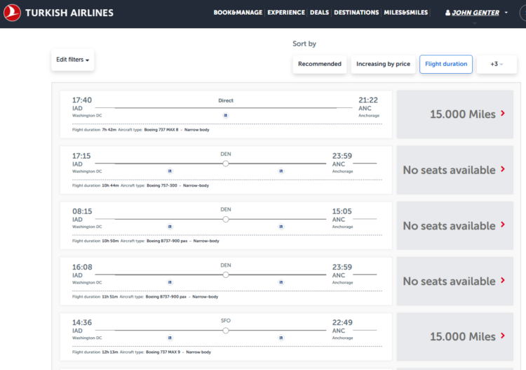 Screenshot of Turkish Miles & Smiles award search results from Washington DC to Anchorage Alaska