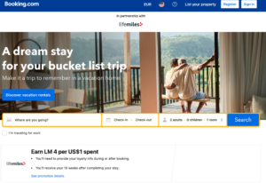 Booking.com portal with promotion to earn 4 LifeMiles for every $1 spent.