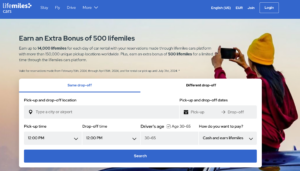 Screenshot of the LifeMiles Cars portal with 500 LifeMiles promotion.