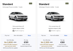 Screenshot showing 2 car rental options through the LifeMiles Cars portal.