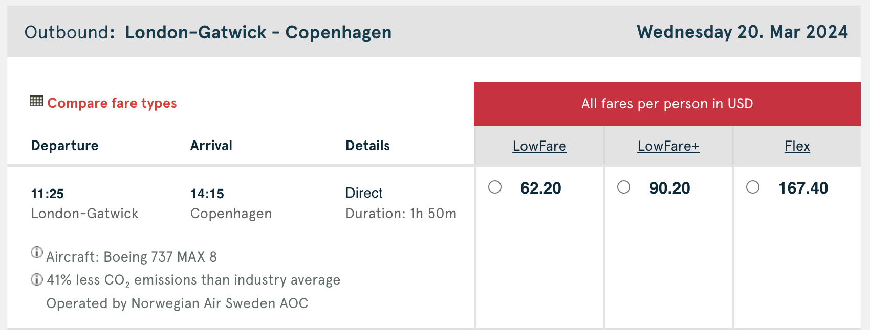Norwegian fare example showing the three options.