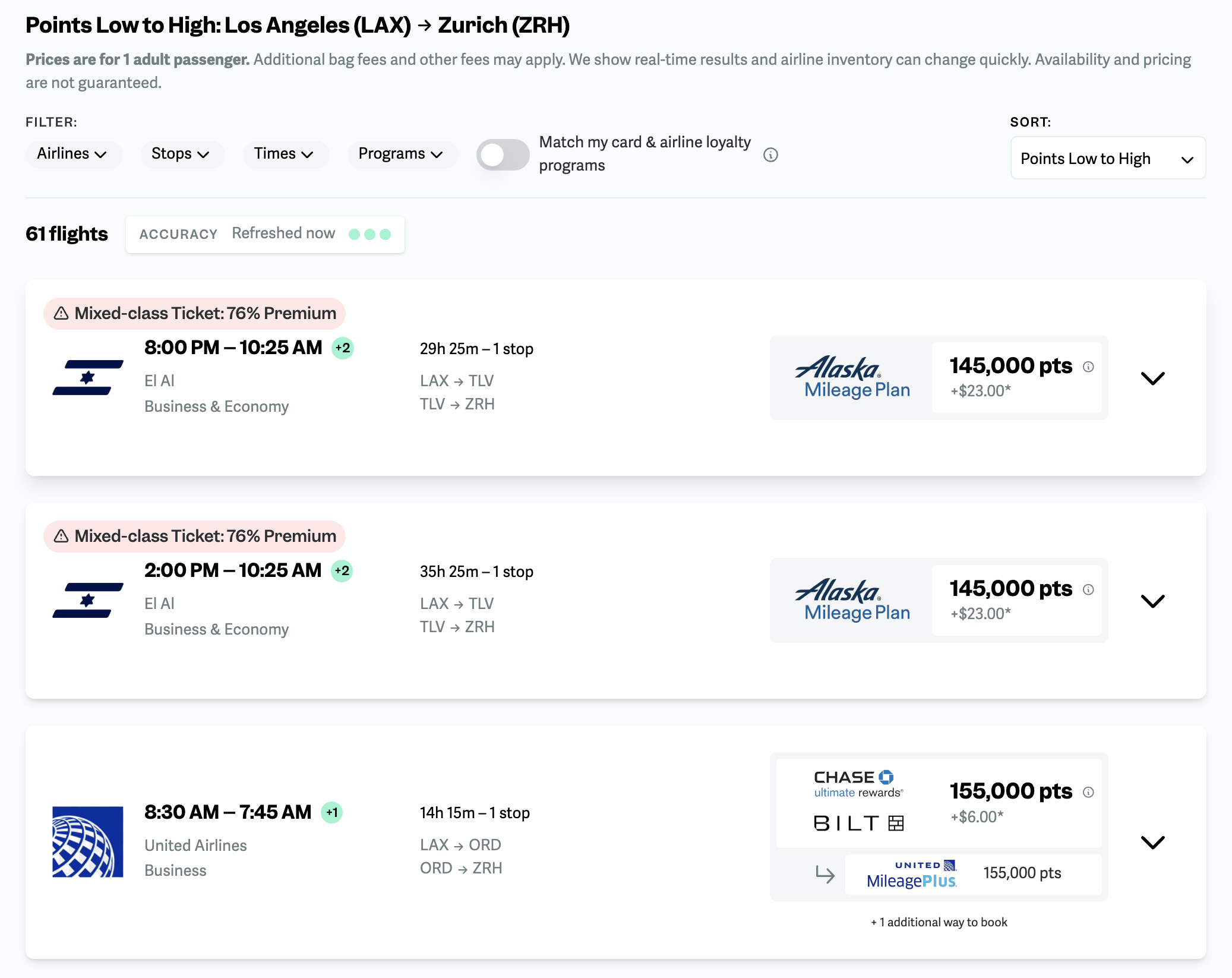 Live results from LAX to ZRH on Point.me