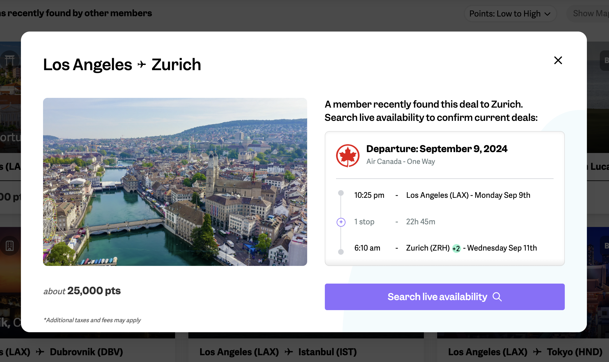 Snapshot of a Point.me search result from LAX to ZRH showing incorrect business-class pricing