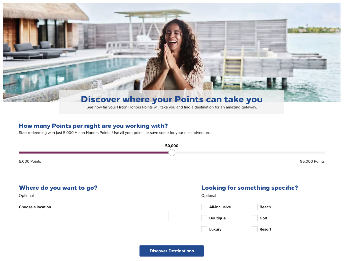 screenshot of the Hilton website doing a search for award nights with a woman at the top of the page clapping her hands in front of a pool