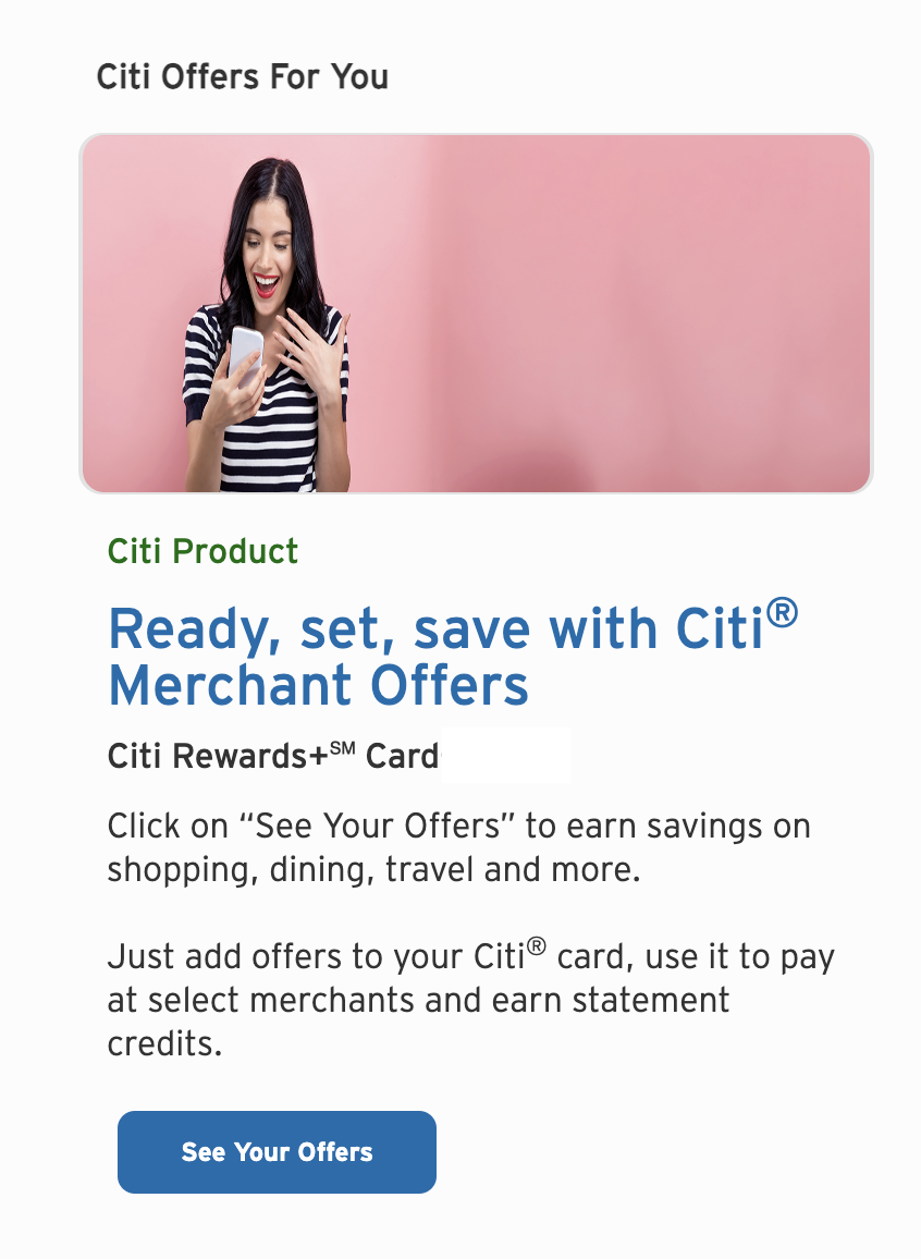 screenshot of an ad on the Citi website showing the ability to add merchant offers to cards