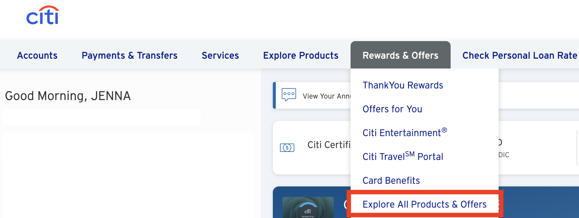 screenshot of Citi main page highlighting how to explore all offers