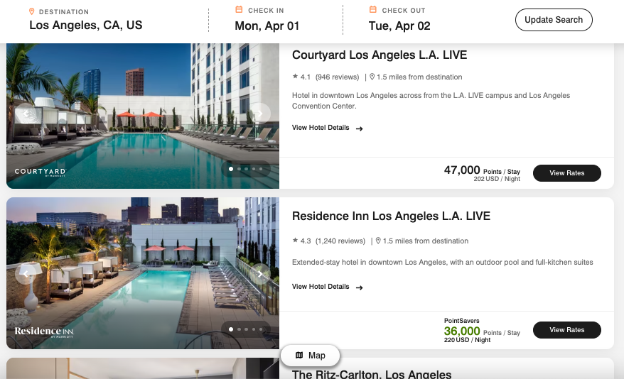 Marriott PointSavers option displaying for 1 hotel in Los Angeles