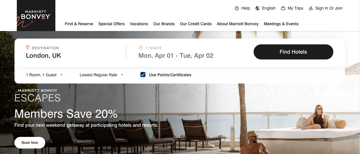 Marriott home page for award booking search