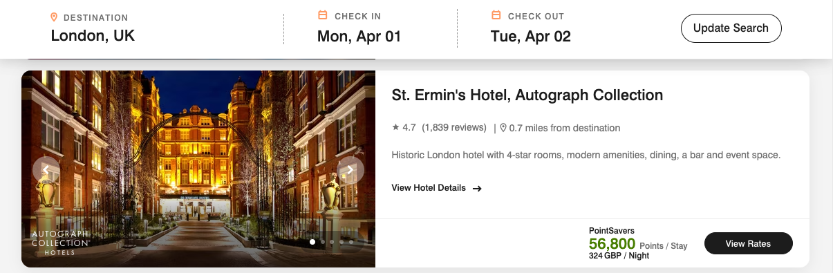 Marriott search results with discounted rate showing at St. Ermin's Hotel in London