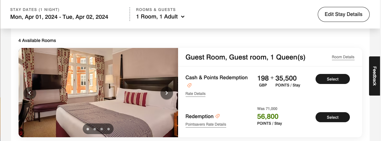 Marriott PointSavers rate showing on room type before completing a booking