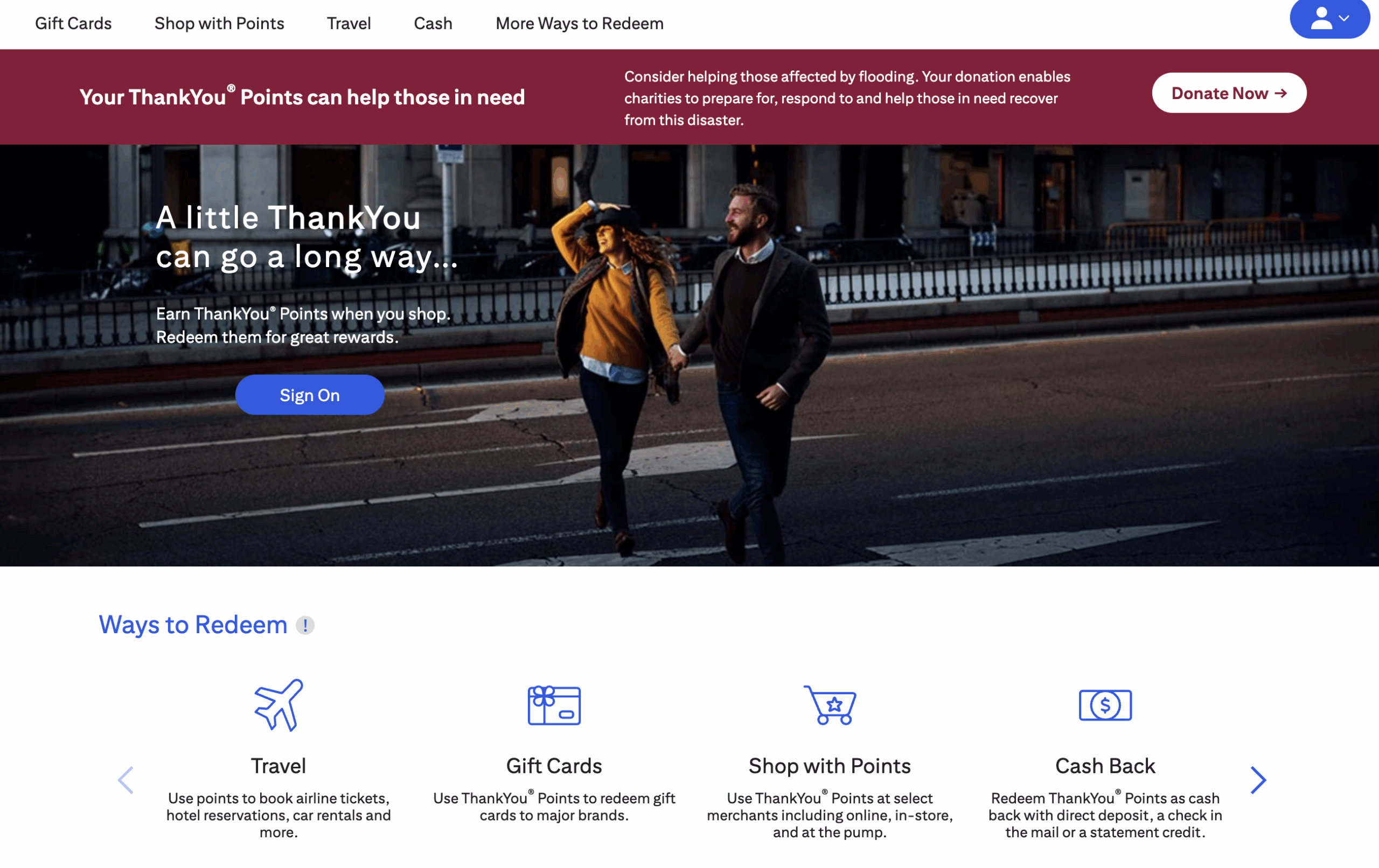 A screenshot from the Citi ThankYou homepage