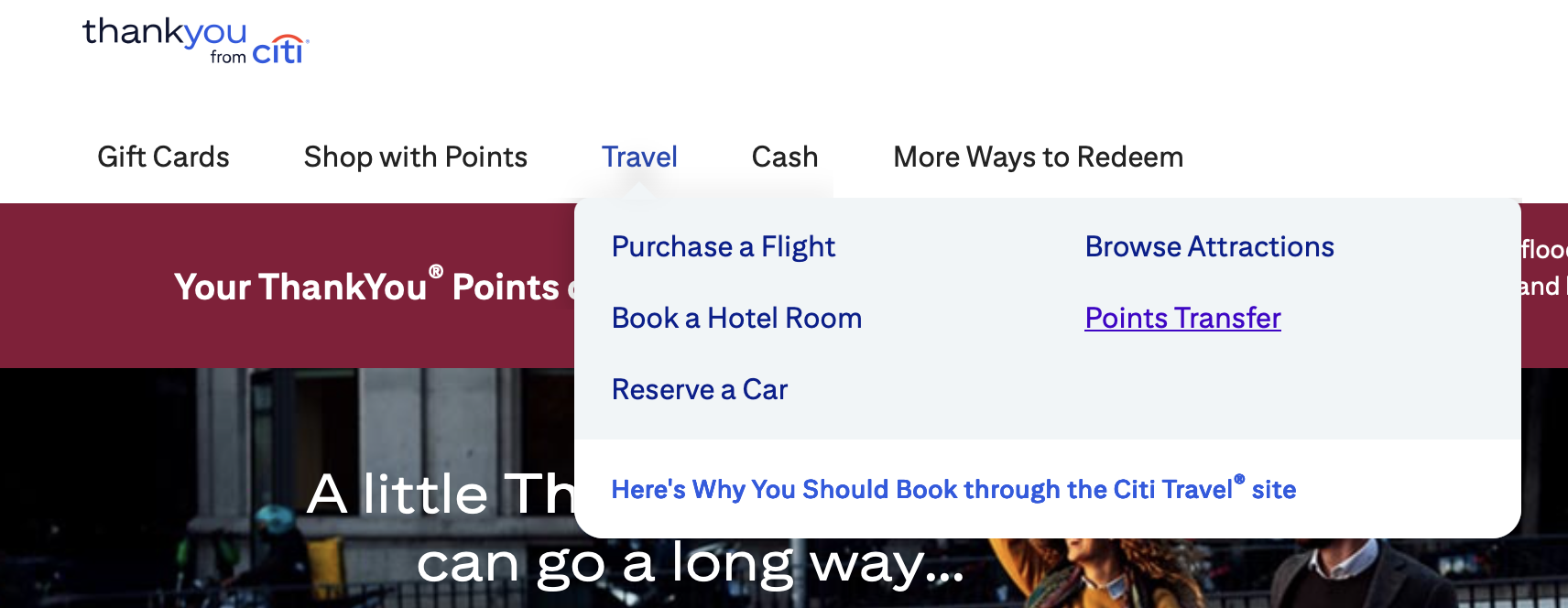 A screenshot of the dropdown under the "travel" section of the ThankYou from Citi website