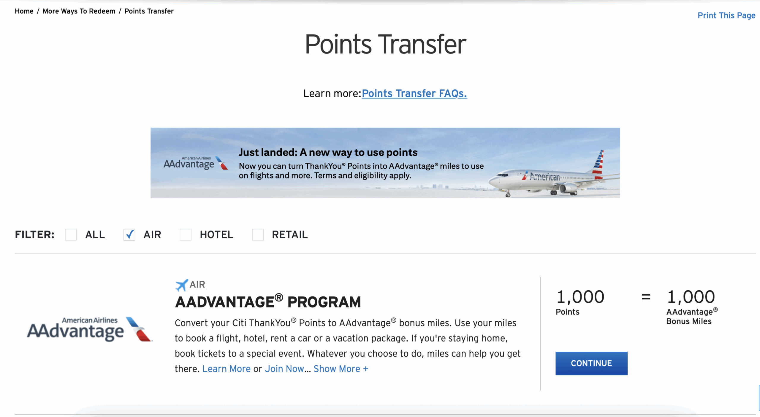 A screenshot of the points transfer page on the ThankYou from Citi website