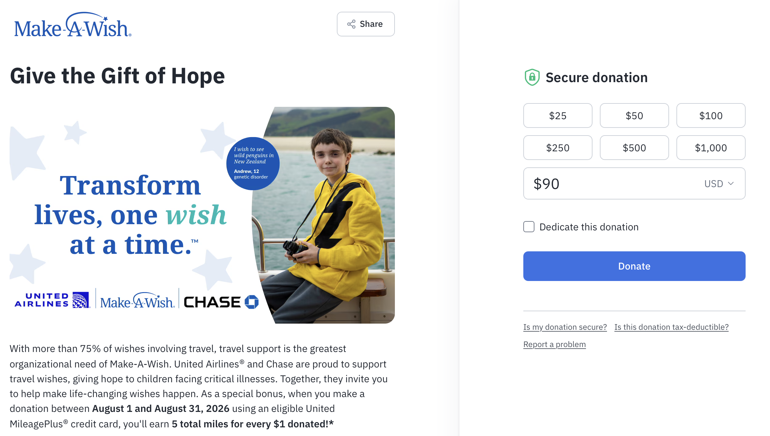Information on the Chase, United, and Make-A-Wish donation campaign
