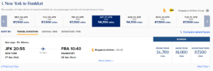 Screenshot showing Singapore Airlines award flight search results after Spontaneous Escapes discount