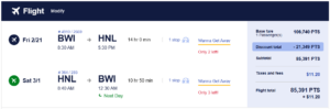 Southwest award booking from Baltimore to Honolulu for 85,391 Rapid Rewards points round-trip after 20% discount code