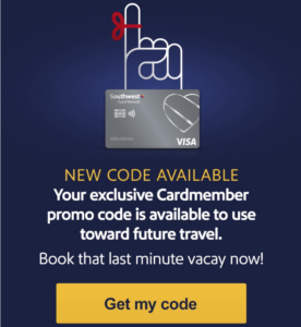 Banner image from Southwest email about a promo code available to cardholders.