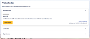 Screenshot of Southwest website showing 20% off discount code